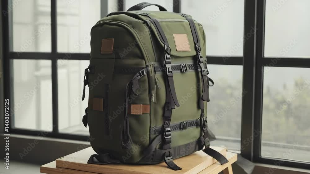 Khaki travel backpack with straps and buckles on wooden table near a window