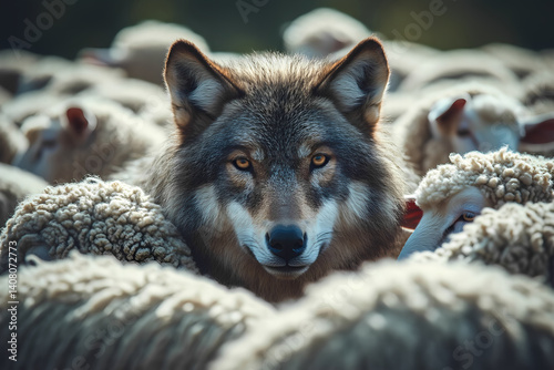 A wolf is standing in a group of sheep