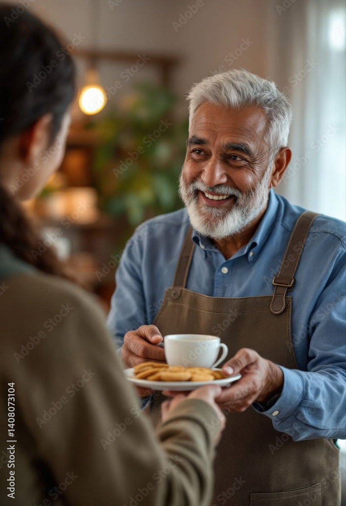 Senior man smiling while serving coffee and cookies in a cozy cafe Senior man smiling while serving coffee and cookies in a cozy cafe