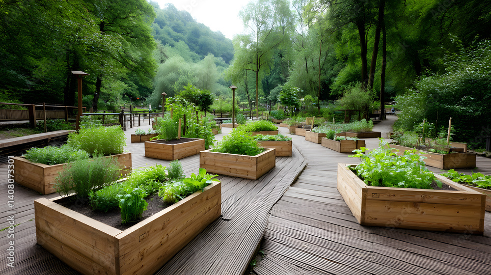 Obraz premium serene wellness garden featuring organic vegetable plots and herbs, surrounded by lush greenery and trees, creating peaceful atmosphere for relaxation and growth