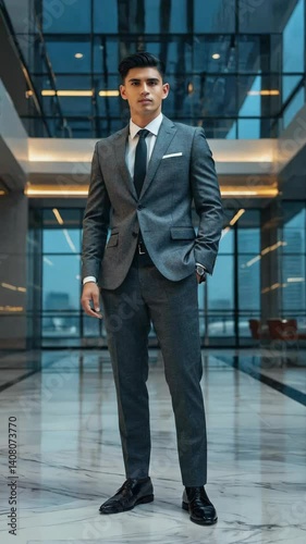 Wallpaper Mural Young entrepreneur standing confidently in a modern office building lobby wearing a stylish gray suit. Torontodigital.ca