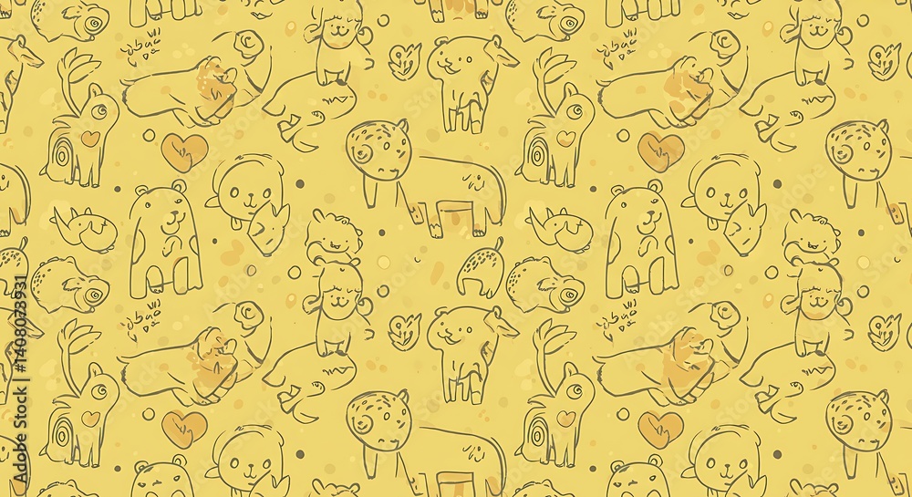 Whimsical Animal Sketch Pattern: Mustard Yellow Joy AI Generated Whimsical Animal Sketch Pattern: Mustard Yellow Joy AI Generated