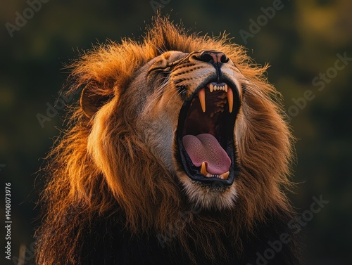 Roaring Lion: Majestic king of the jungle displays its power with a ferocious roar and sharp teeth. Intense wildlife imagery.