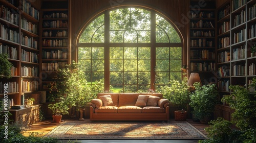 sunlit cozy elegant home library,window,books empty room zoom virtual backgrounds cozy interior backdrops living room backgrounds for virtual meetings,photo stock