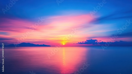 Serene sunset over calm waters with vibrant colors reflecting on the surface