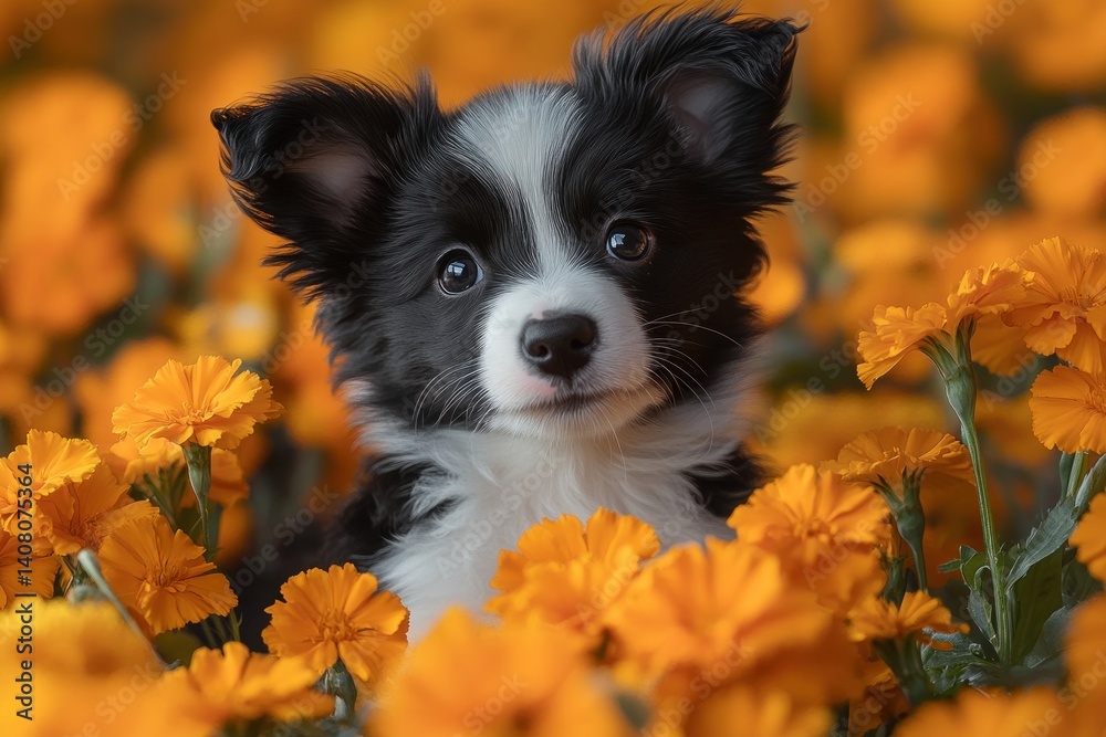 Obraz premium Fluffy Black and White Puppy Portrait Surrounded by Marigolds in Morning Light