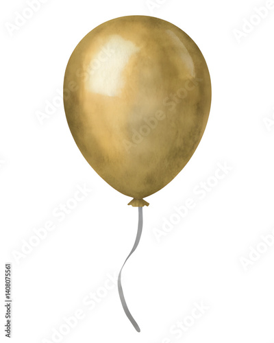 Watercolor style gold balloon with string on transparent background.