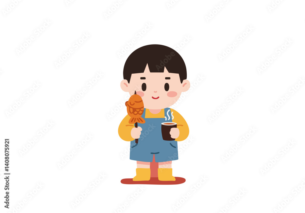 Cute boy with short black hair enjoys a warm drink and a sweet treat. Charming illustration, perfect for children's themes and cozy scenes. Cute boy with short black hair enjoys a warm drink and a sweet treat. Charming illustration, perfect for children's themes and cozy scenes.