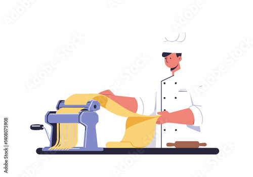Chef skillfully rolls pasta with a machine. Clean, modern illustration shows culinary expertise and fresh food preparation. Perfect for food-related content.