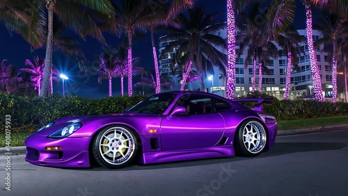 Purple sports car at night, palm trees, city