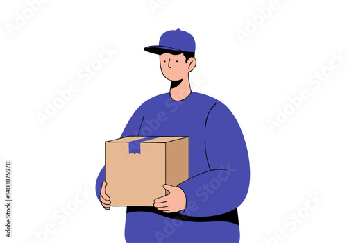 Delivery person holds a cardboard box, smiling confidently. Simple, modern illustration perfect for business, logistics, or delivery concepts. Clean design.