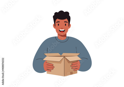 A smiling man excitedly opens a cardboard box. Casual clothing, neutral background. Perfect for concepts like delivery, surprise, or online shopping.
