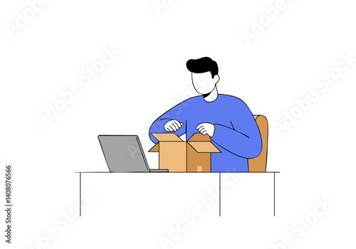A man sits at a desk, opening a cardboard box while looking at a laptop. Clean, modern illustration, ideal for business, e-commerce, or delivery concepts.