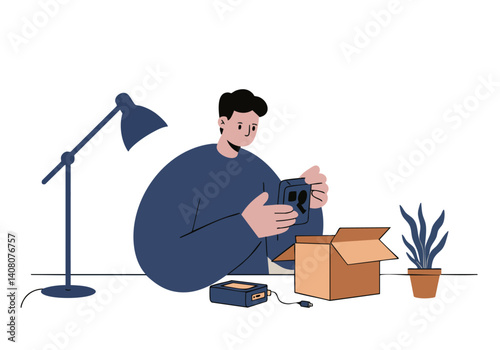 A young man sits on the floor, examining a new gadget from a cardboard box. Simple, modern illustration with a lamp and plant. Ideal for tech, lifestyle, or unpacking concepts.