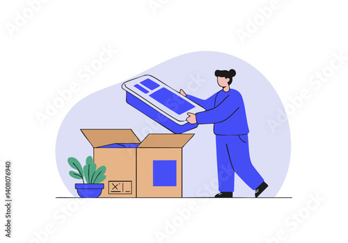 A person in blue overalls carefully places a tablet into a cardboard box. Simple, flat illustration style, ideal for business, shipping, or delivery concepts.