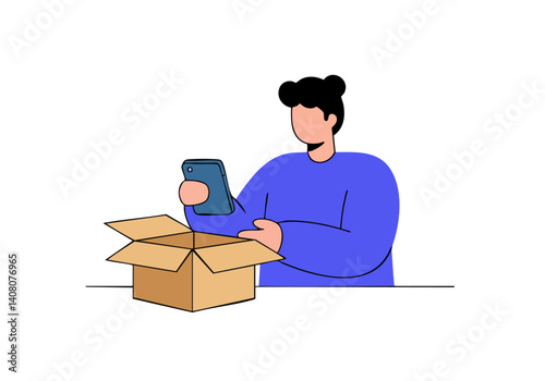 A person with dark hair and blue sweater unpacks a cardboard box, holding a tablet. Simple, clean illustration for e-commerce, delivery, or online shopping concepts.