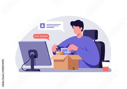 Man sits at a desk, live streaming while unboxing a product. Clean, modern setup with a computer and cardboard box. Ideal for e-commerce, tech, or online content creation.