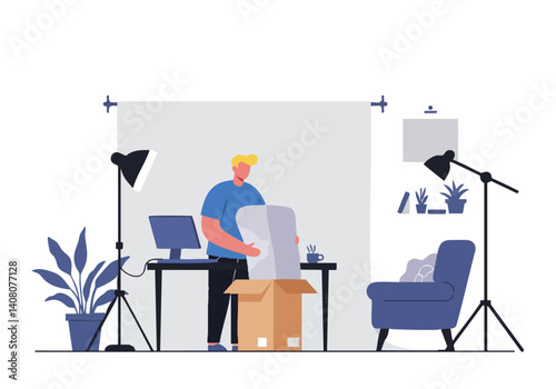 Man unpacks a box in a modern home studio. Bright, clean workspace with a laptop, lamp, and plant. Ideal for lifestyle, business, or creative concepts.