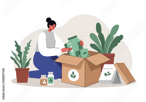 A woman kneels, organizing eco-friendly products in a cardboard box. Soft lighting, natural tones, and lush greenery create a calming, sustainable lifestyle scene.