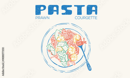 Pasta love club artwork for t shirt print, poster, sticker and other uses. All are welcome. Pasta t shirt design. Noodles artwork. Prawn and courgette design.