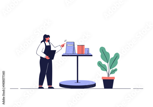 A woman points to a display case with products. Clean, modern design with a potted plant. Ideal for showcasing retail, sales, or product presentation.