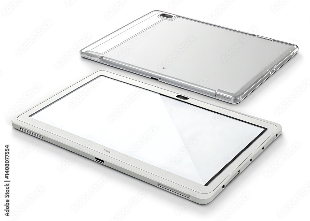 Two tablets one with a clear case lying on a white surface in a studio setting for product display Two tablets one with a clear case lying on a white surface in a studio setting for product display