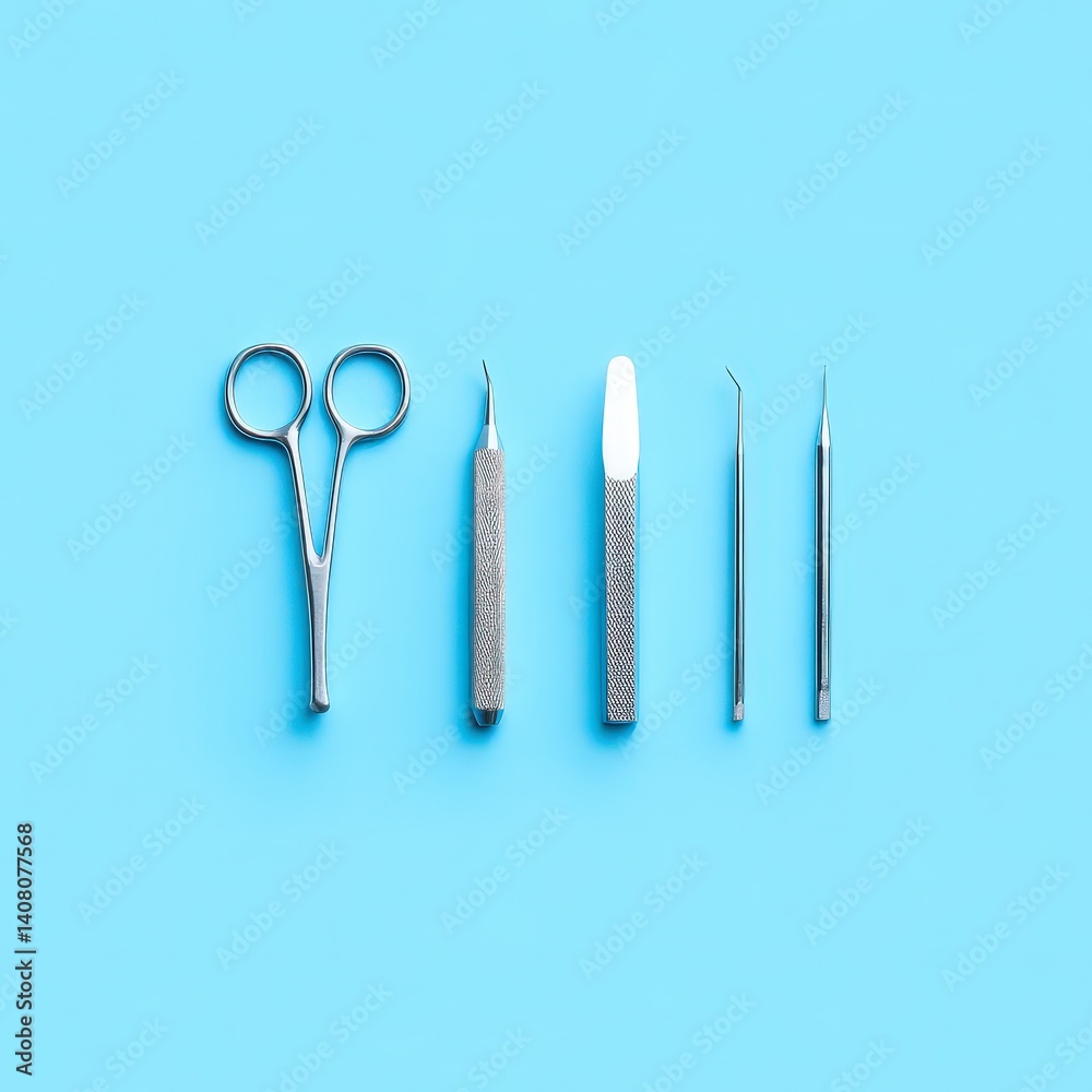 Flat lay of diagnostic ENT tools in blue lighting, sterile and sharp scene Flat lay of diagnostic ENT tools in blue lighting, sterile and sharp scene