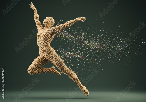 An artistic rendering of a human form breaking apart into colorful, pixelated particles.