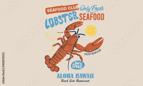  Seafood club. Lobster design. Fish vintage artwork. Lemon design. Stay salty. Seafood club. Lobster fish artwork for t shirt print, poster, sticker and other uses.