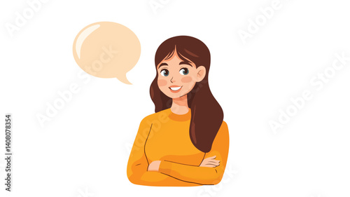 Charming Young Woman with Speech Bubble Cartoon Character for Communication Design