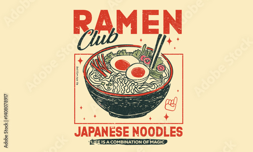 Noodles t shirt design. Japanese food. Ramen artwork. Ramen love club artwork for t shirt print, poster, sticker and other uses. 