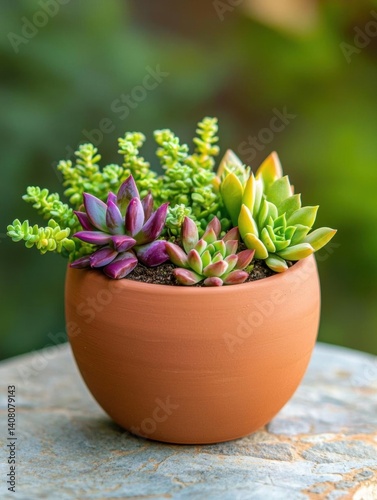 The image is of a small potted succulent plant in a terracotta pot. the pot is sitting on a stone surface with a blurred background of greenery.