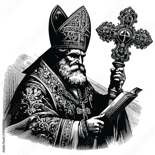 bishop in elaborate vestments, holding an ornate cross, symbolizing faith, religion,