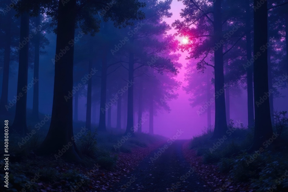 Obraz premium Twinkling forest lights weave through misty veil, vivid magenta indigo fog mystique, twilight scene, mysterious landscape