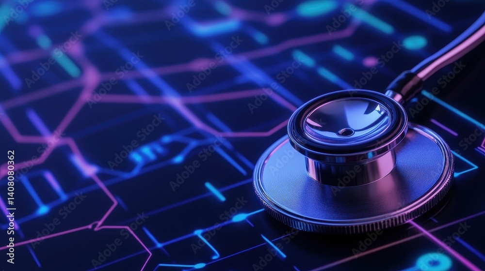 A stethoscope resting on a vibrant circuit board background, symbolizing healthcare technology