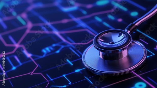 Obraz na płótnie A stethoscope resting on a vibrant circuit board background, symbolizing healthcare technology w salonie