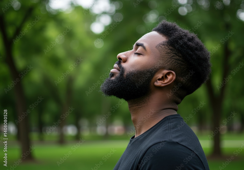 An African American man taking a deep breath outdoors with eyes closed in a moment of peace. An African American man taking a deep breath outdoors with eyes closed in a moment of peace.