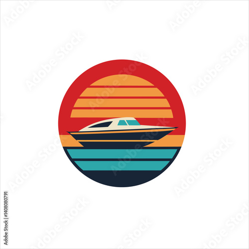 Illustration of a boat on water with a sunset background inside a circle