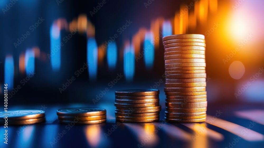 Stacked coins representing financial growth against a blurred background of market trends
