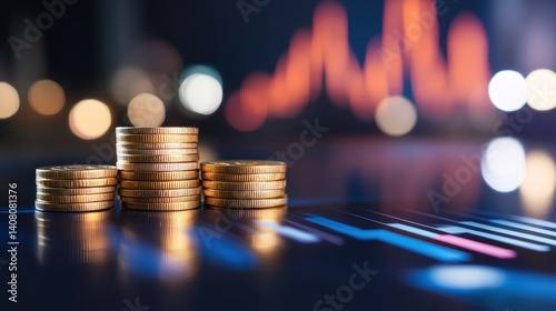 Stacked coins on a financial chart background highlighting investment trends and growth