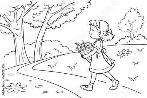 Coloring Pages, A Little Girl Walking, Uncolored, Black and White
