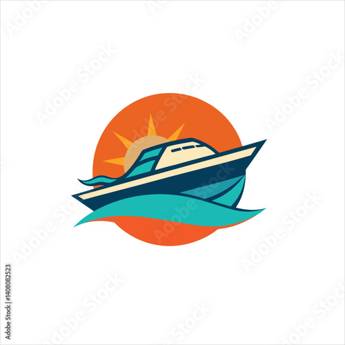 Illustration of a boat sailing on water with a sun in the background design