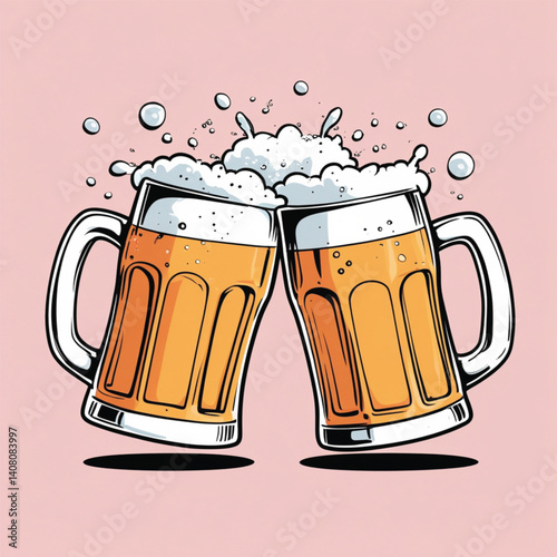 Close-up view of two beer glasses. Beer glasses clinking with each other, two beer glasses touching generate ai.