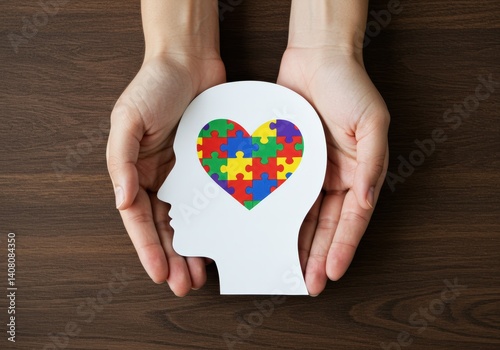 Hands holding a paper head filled with a colorful heart-shaped puzzle, promoting autism awareness. photo