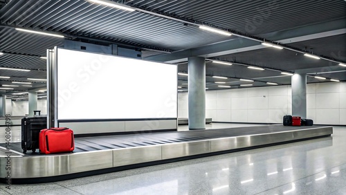 Blank billboard mockup at airport baggage claim area with suitcases on conveyor belt

