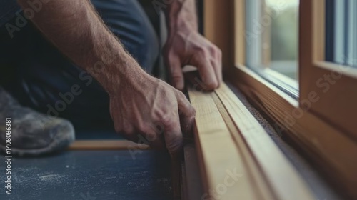 Carpenter installing wooden trim around windows. Featuring detail and focus