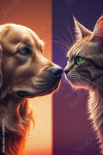 A golden retriever and a fluffy cat face each other with curiosity during a colorful sunset. Their playful banter showcases the humorous relationship between dogs and cats