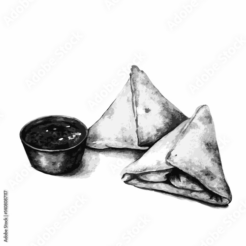 Indian samosas served with mint chutney in monochrome style. Popular World Street Food. Ideal for travel blogs, food festivals, global cuisine apps, takeaway branding, or cultural infographics.   