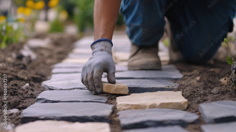 Hispanic mason placing stone for a decorative garden pathway. Featuring landscaping and masonry Hispanic mason placing stone for a decorative garden pathway. Featuring landscaping and masonry
