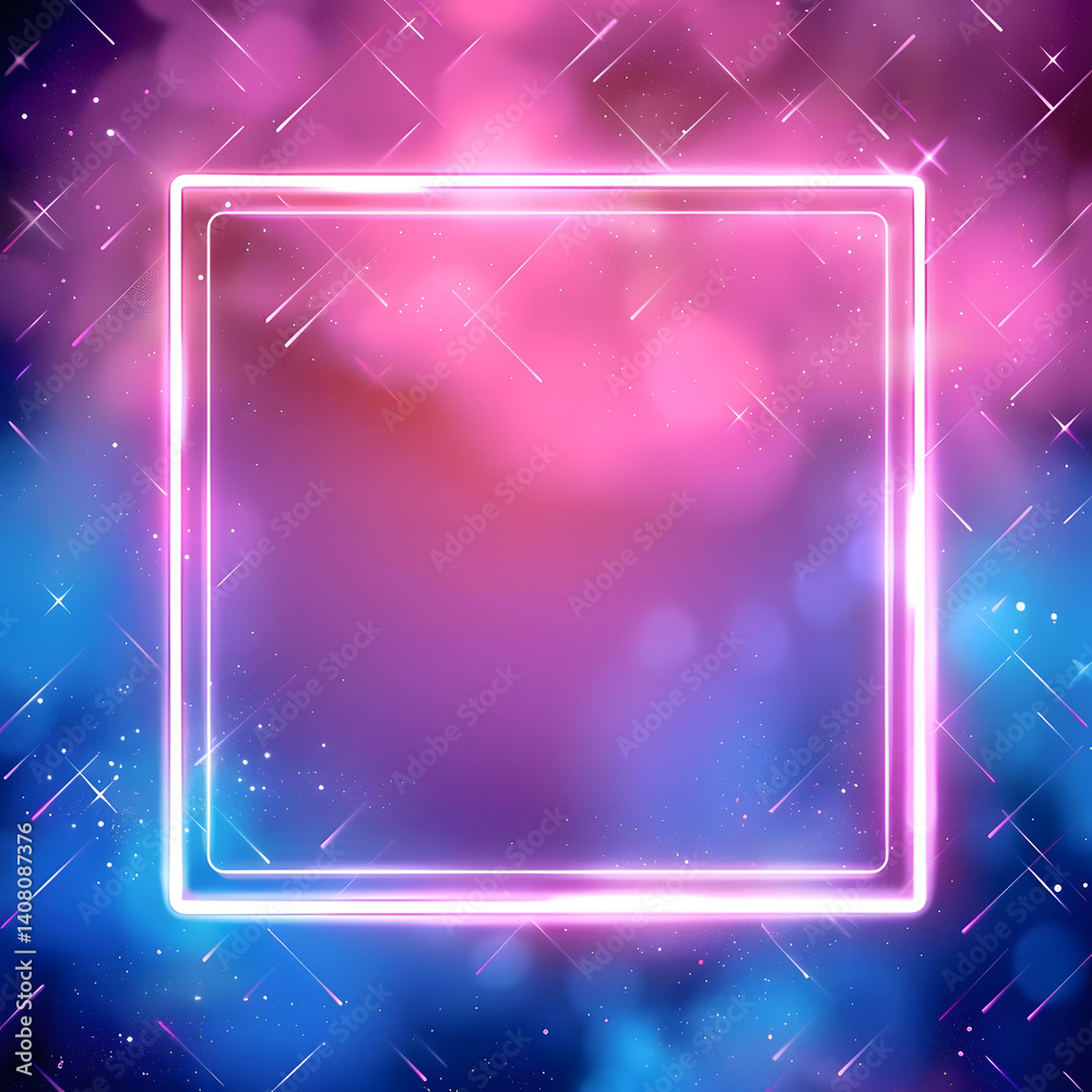 Obraz premium Bright neon square frame with pink and blue smoke on a dark textured background. Futuristic and abstract design concept with vibrant lighting effects